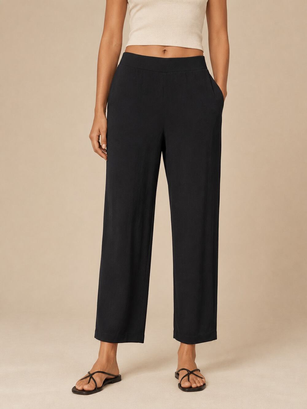 Eileen Fisher Tencel Blend Pants Womens Small Black Pull-On Relaxed Straight Leg